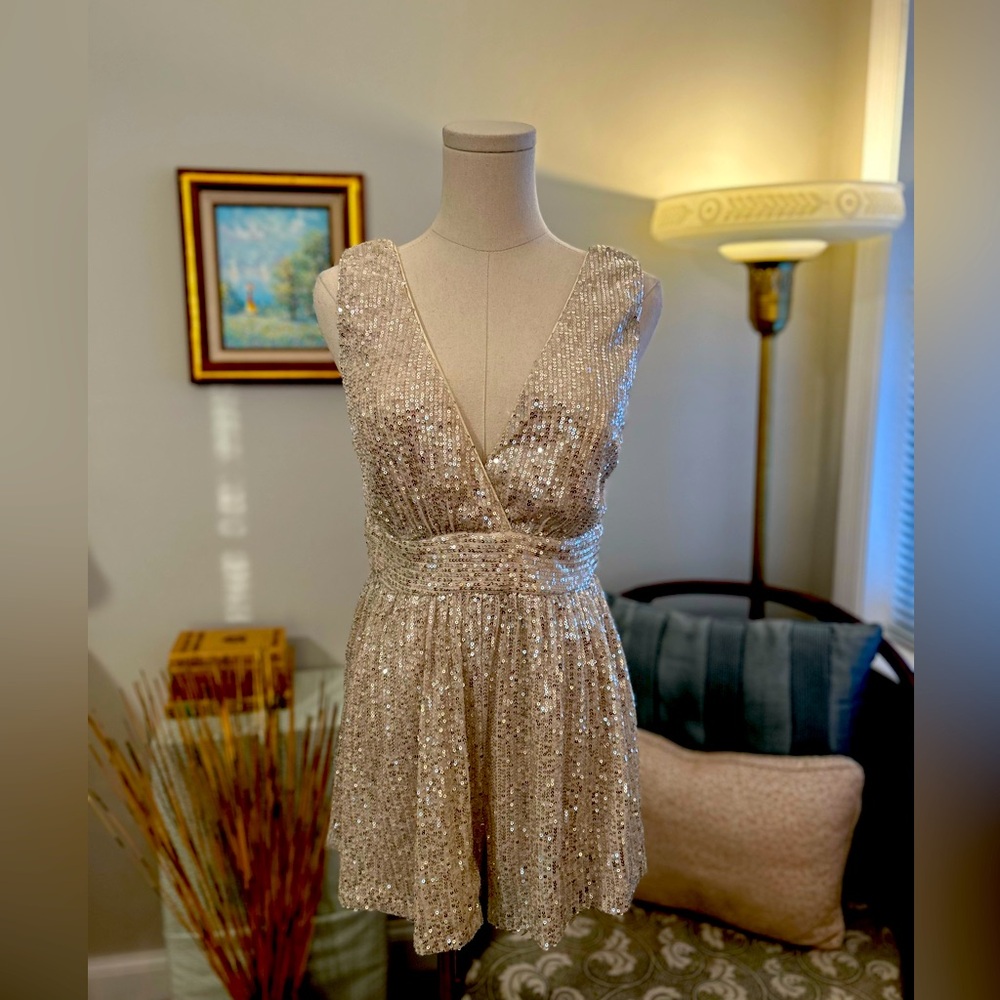 Lulu's Champagne Sequin Mini Romper